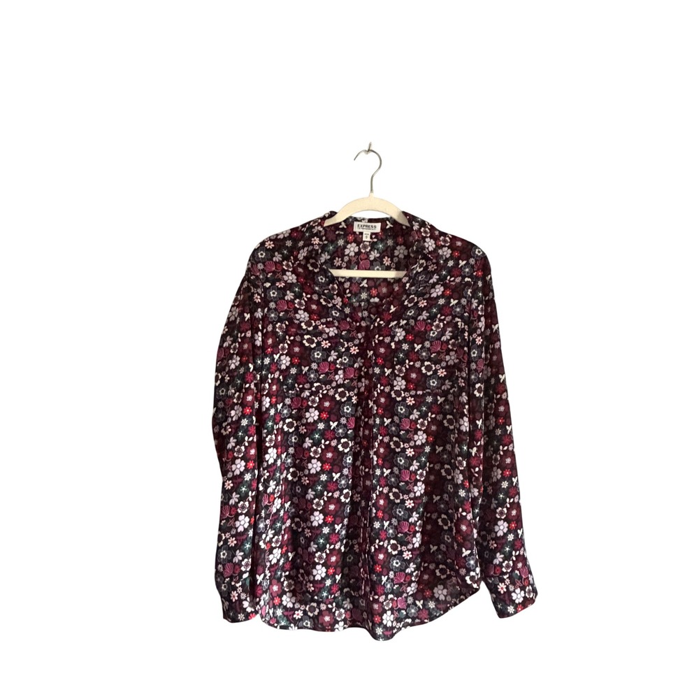 Express The Portofino Shirt Womens Medium Burgundy‎ Floral Long Sleeve Button Up